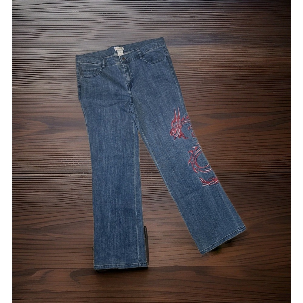 Monroe & Main women's Plus 12 dragon embroidered Boot Cut jeans Pants